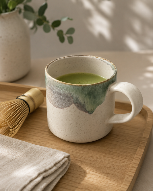 Té matcha Bambú Latte con espuma verde recién batida en el chawan