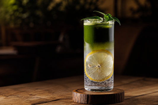Matcha tonic servido en vaso alto con hielo y capas verdes