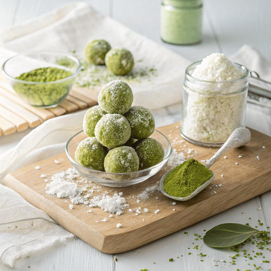 Bolitas energéticas de matcha y dátil sobre una bandeja