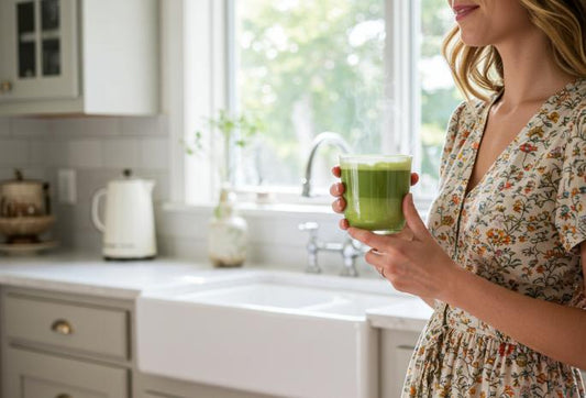 Taza de matcha recién batida a primera hora de la mañana