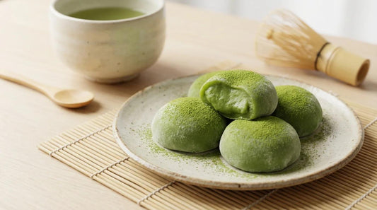 Mochi de matcha caseros sin gluten espolvoreados con té verde