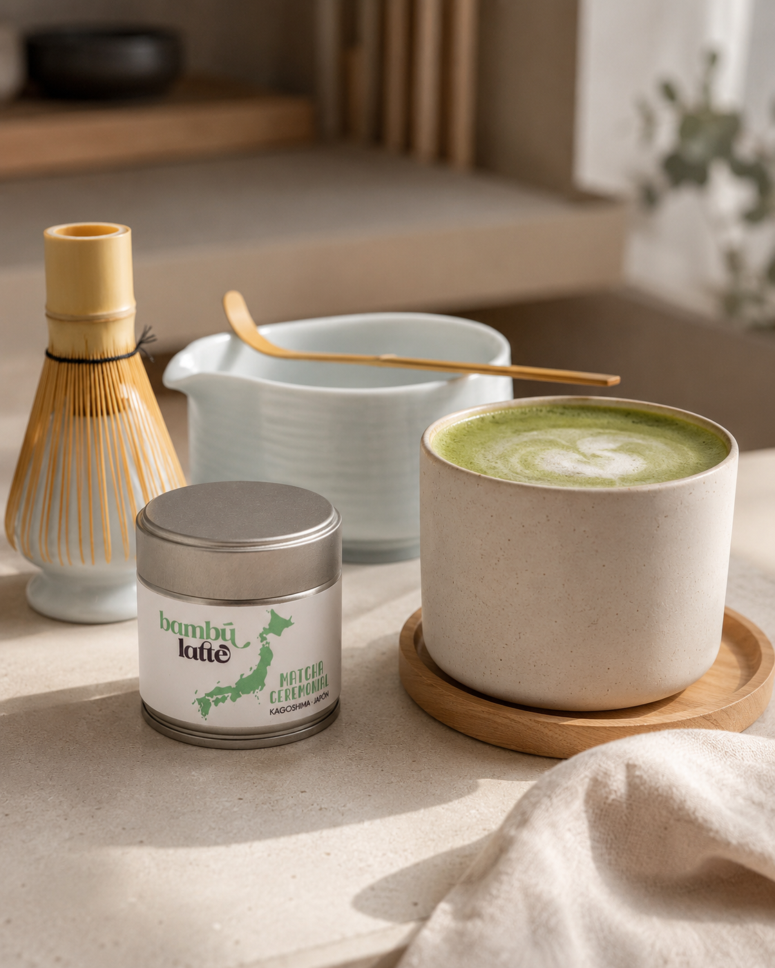 Lata de té matcha ceremonial Bambú Latte con cuchara de bambú chashaku