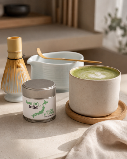 Lata de té matcha ceremonial Bambú Latte con cuchara de bambú chashaku