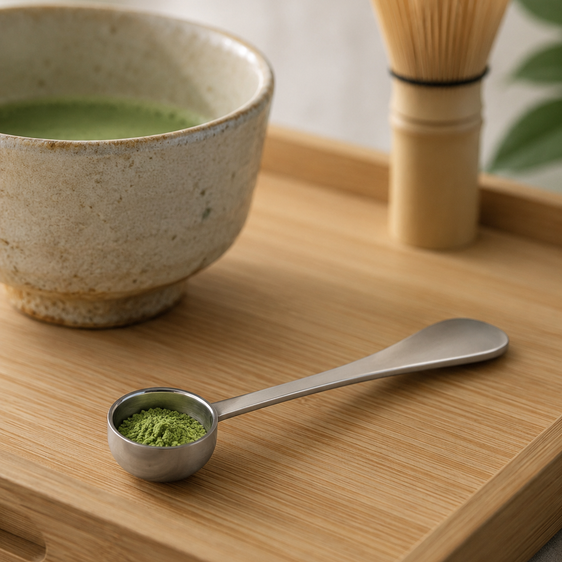 Matcha japonés Bambú Latte con cuenco chawan y espuma cremosa