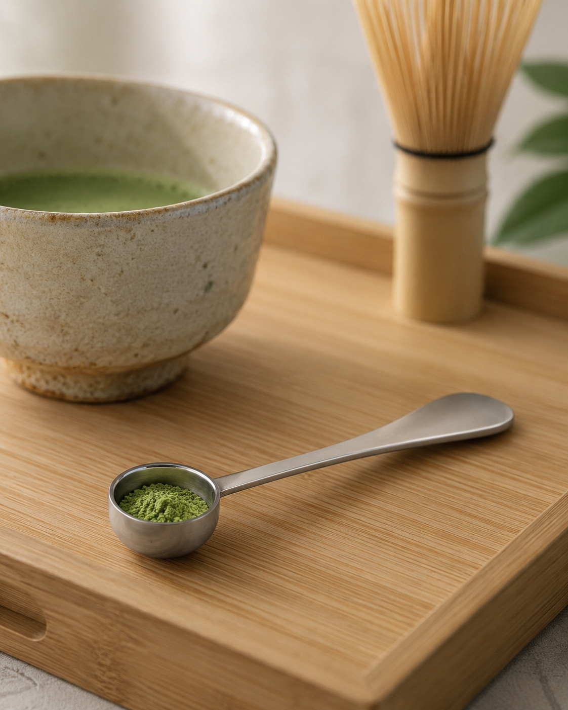 Matcha japonés Bambú Latte con cuenco chawan y espuma cremosa