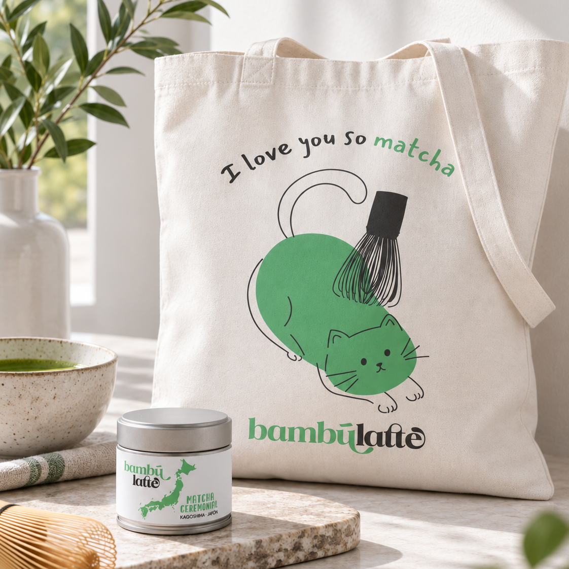 Ceremonial Gift Set de Bambú Latte: matcha ceremonial japonés y tote bag de algodón