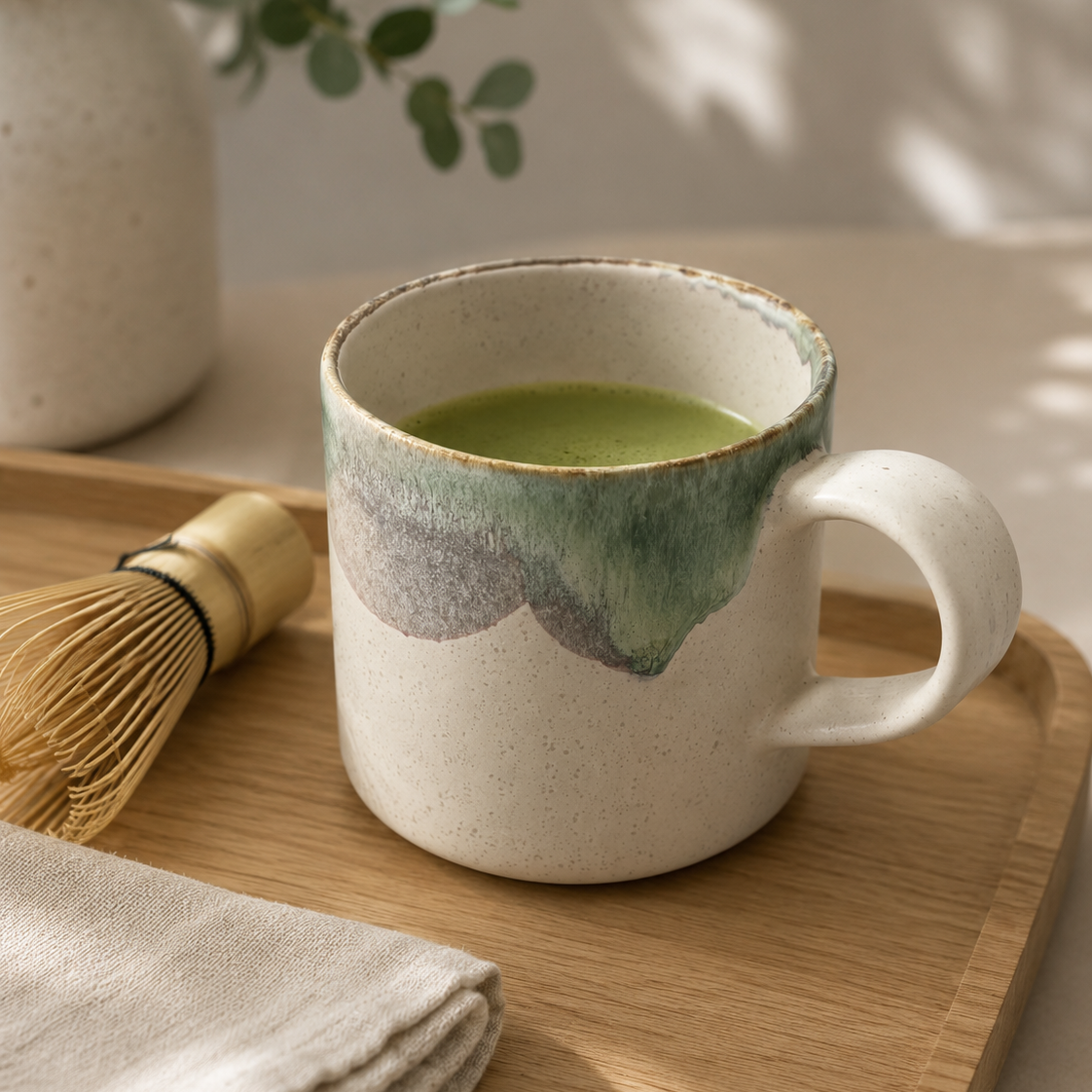 Té matcha Bambú Latte con espuma verde recién batida en el chawan