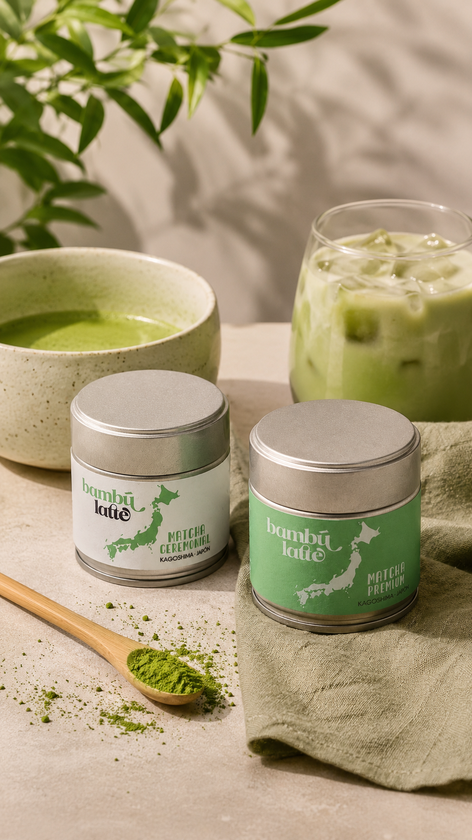 Detalle de las latas del Dúo Matcha ceremonial y premium de 30 g