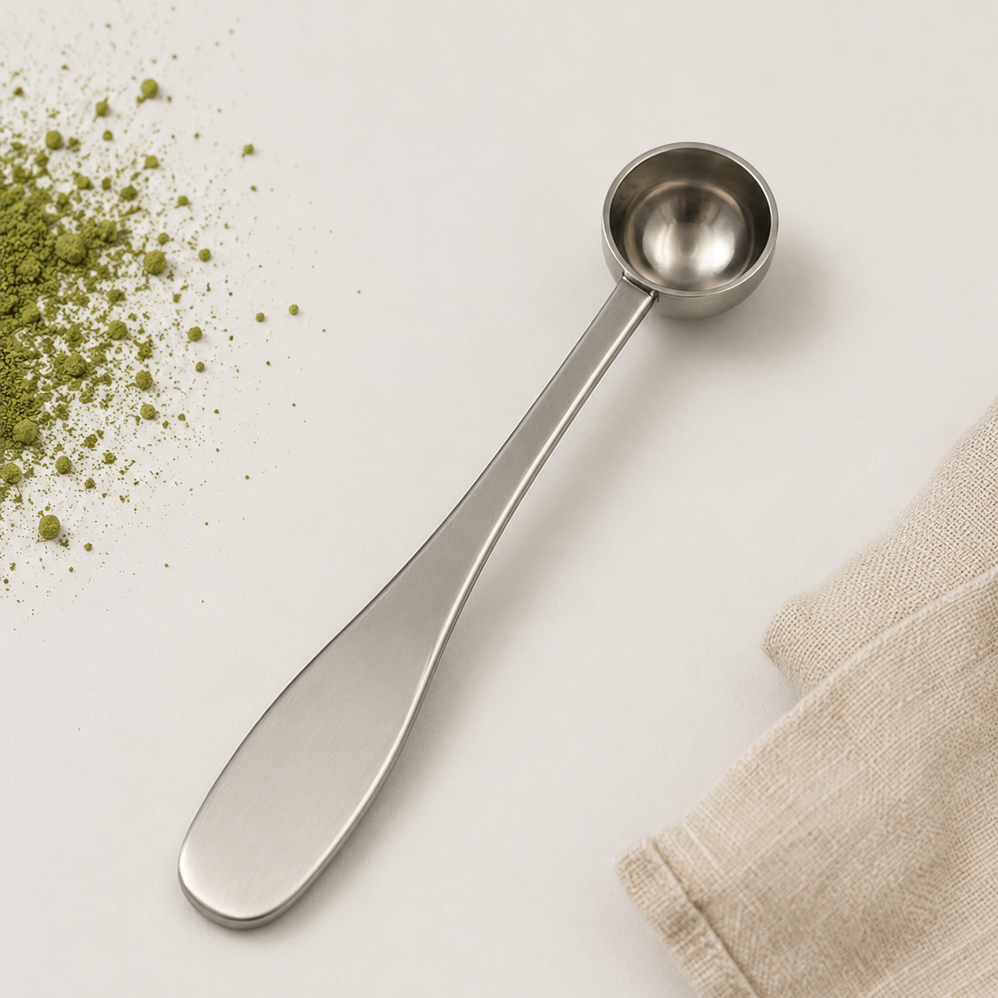 Lata de matcha ceremonial Bambú Latte junto a chashaku de bambú