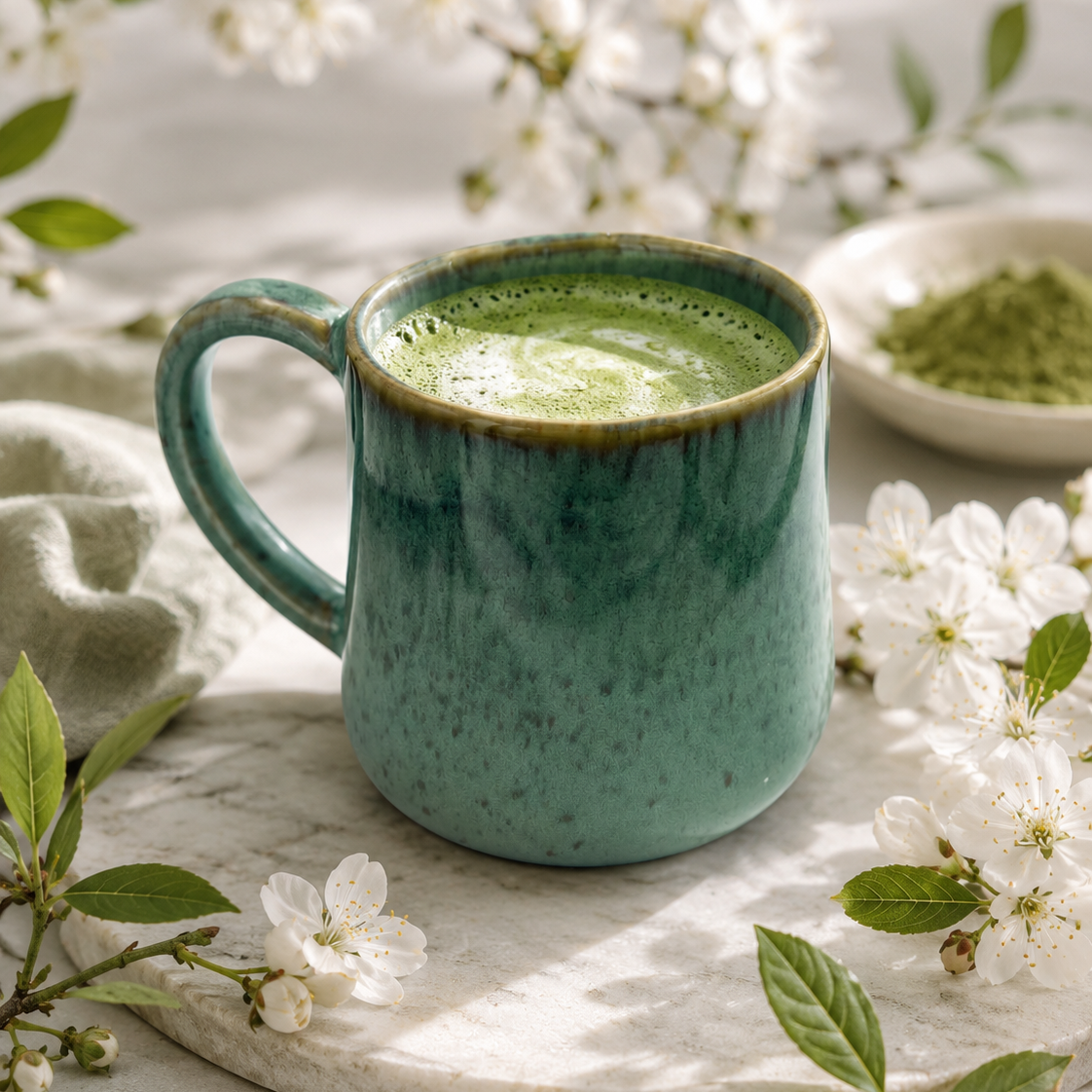 Matcha premium Bambú Latte junto a cuenco chawan y cuchara chashaku