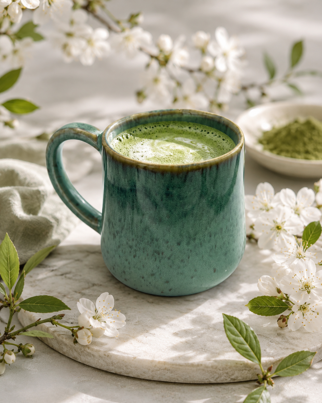 Matcha premium Bambú Latte junto a cuenco chawan y cuchara chashaku