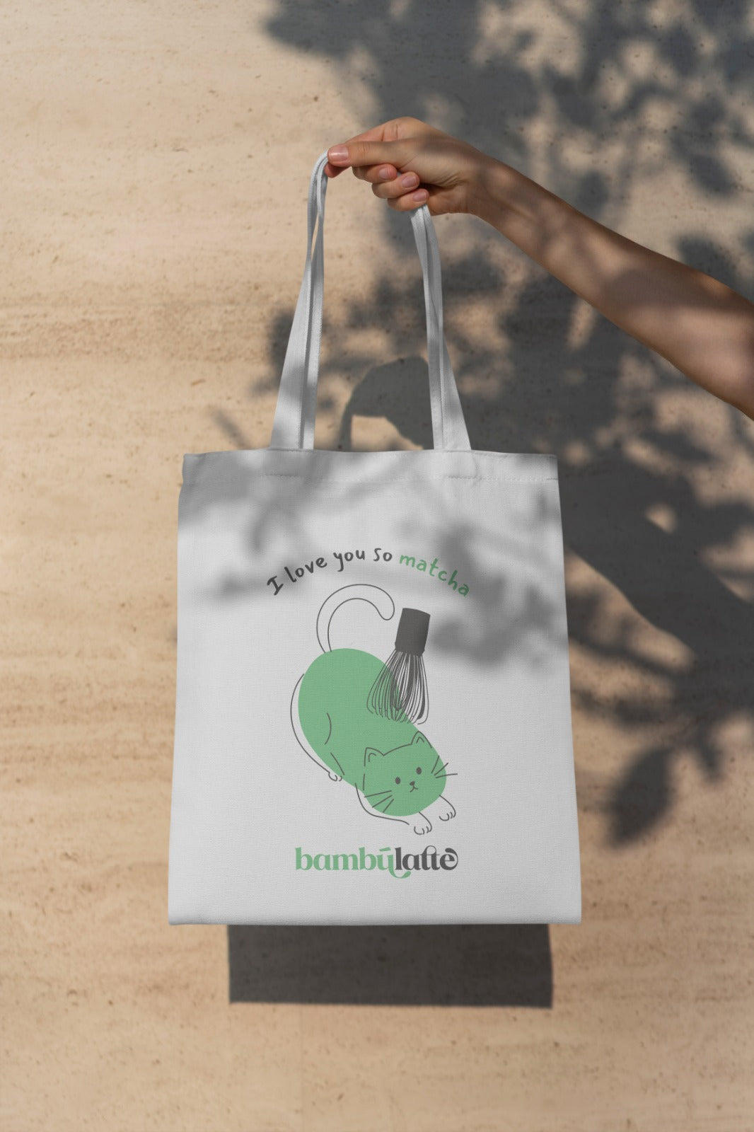 Bolsa de tela de algodón Modelo 3 con gato y batidor de bambú para matcha