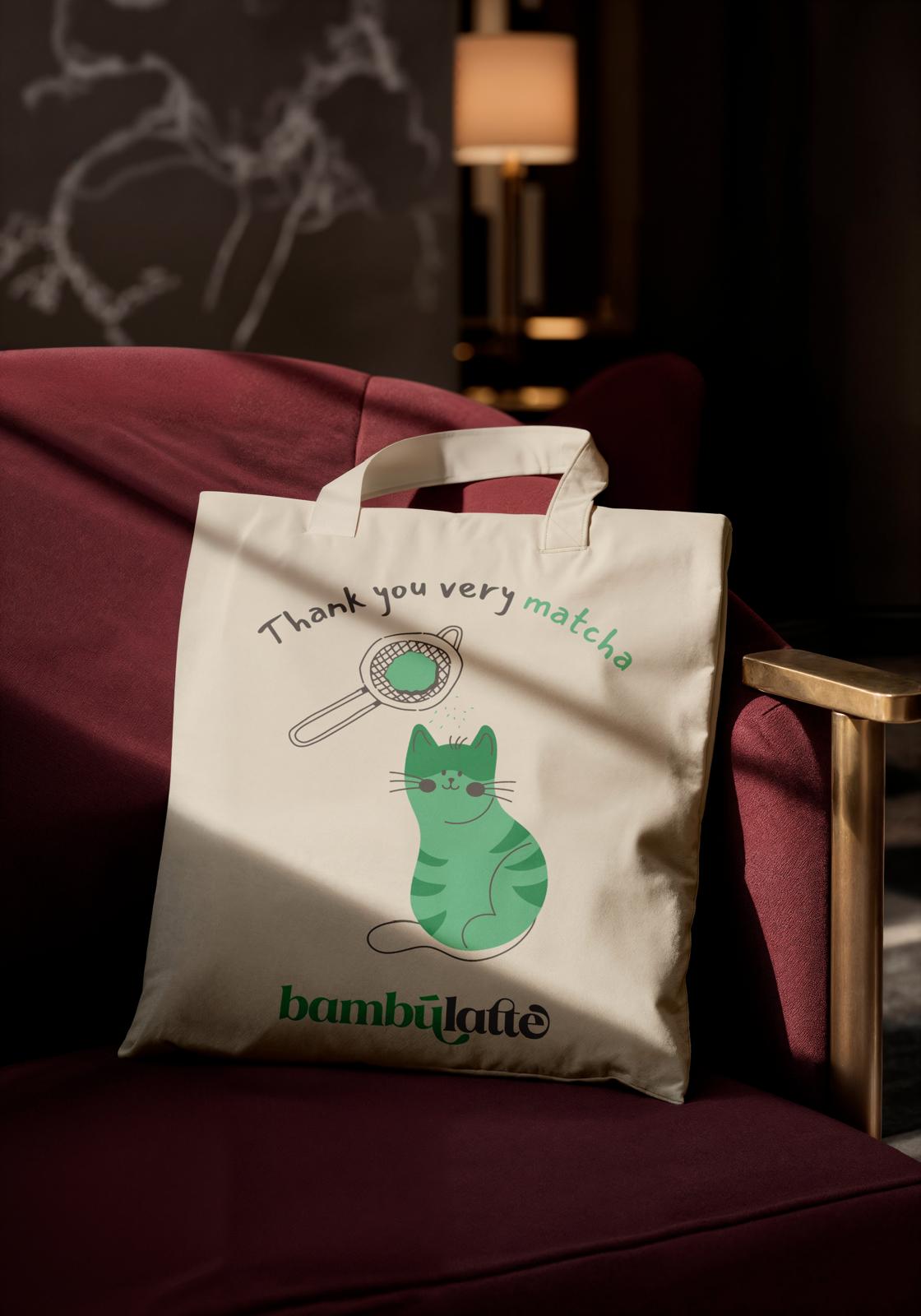 Bolsa de tela de algodón Modelo 4 con gato y colador de matcha